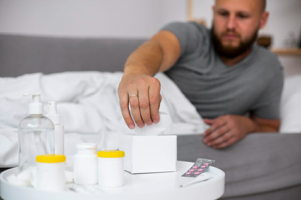 Men in a bed reaching towards medicines